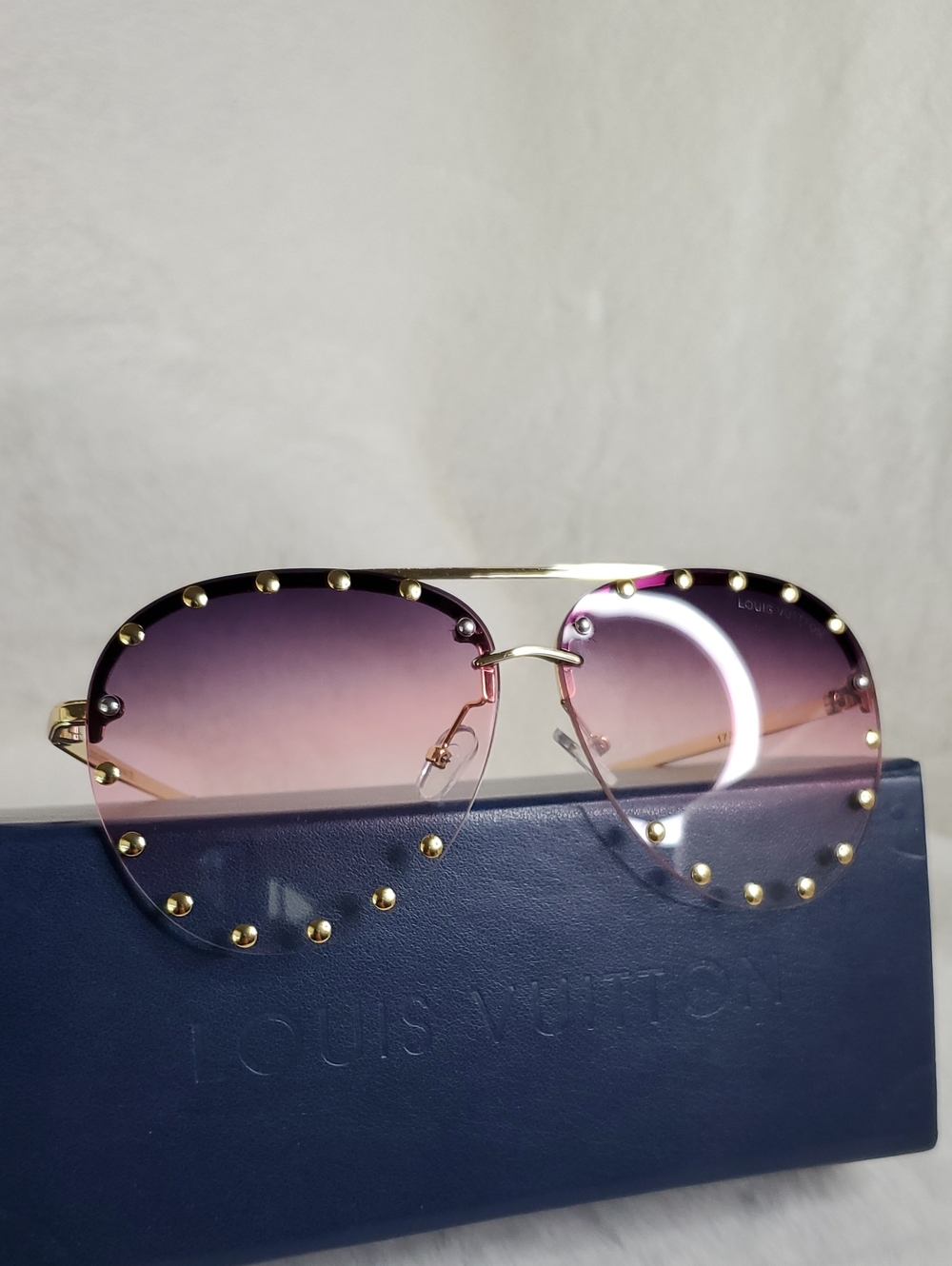Purple Gradient Rimless Sunglasses with Gold Stud Accents Inspir@d Fashion . - Picture 4 of 8